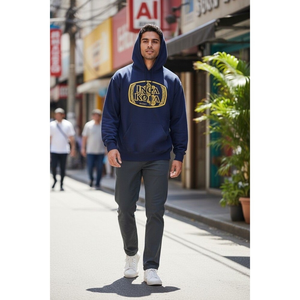 Inca Kola Peru Hoodie Navy Blue Large Golden Kola Graphic Pullover Sweatshirt